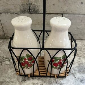 White Ceramic Salt and Pepper Shakers with Strawberry Design